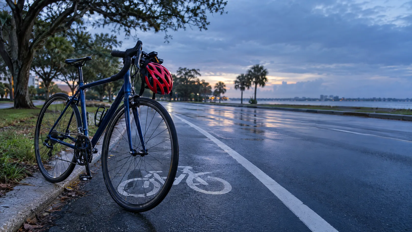 Road bicycle and helmet beside a Florida bike lane