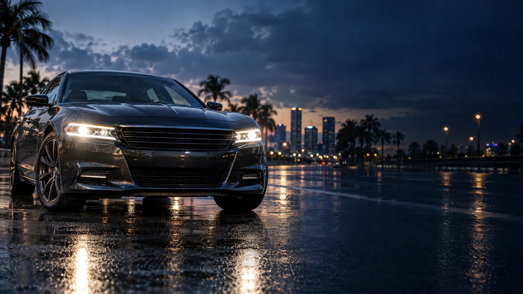 Headlights and front of a graphite sedan on a Florida road at blue hour