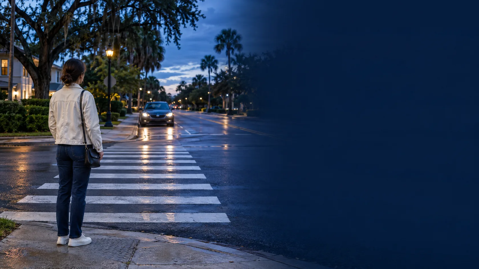 Pedestrian waiting at a clearly marked Florida crosswalk