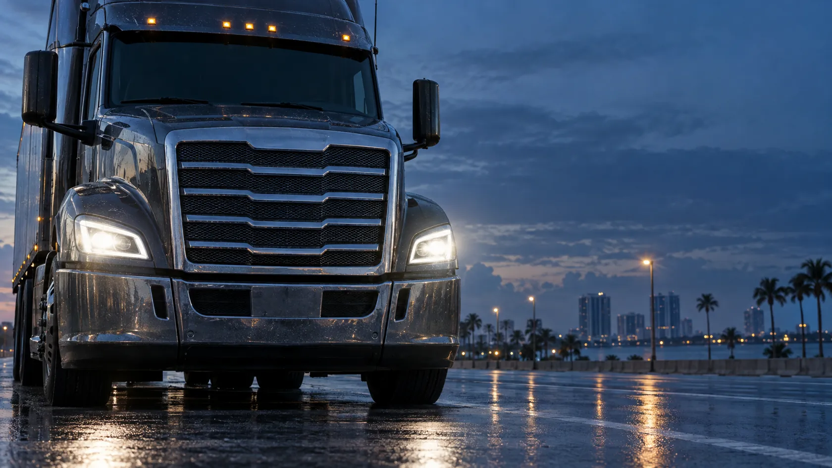 Front of a semi truck with headlights illuminated